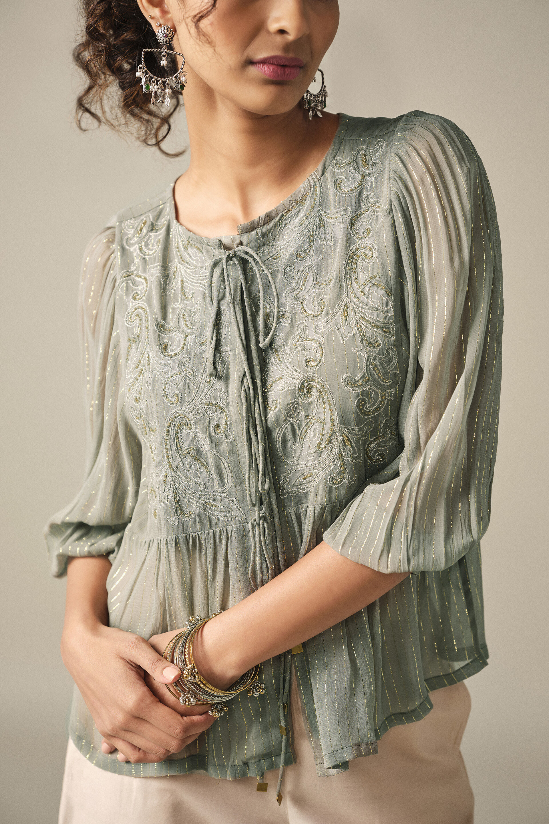 Tie-up Embroidered Peasant Top in Grey, Grey, image 5